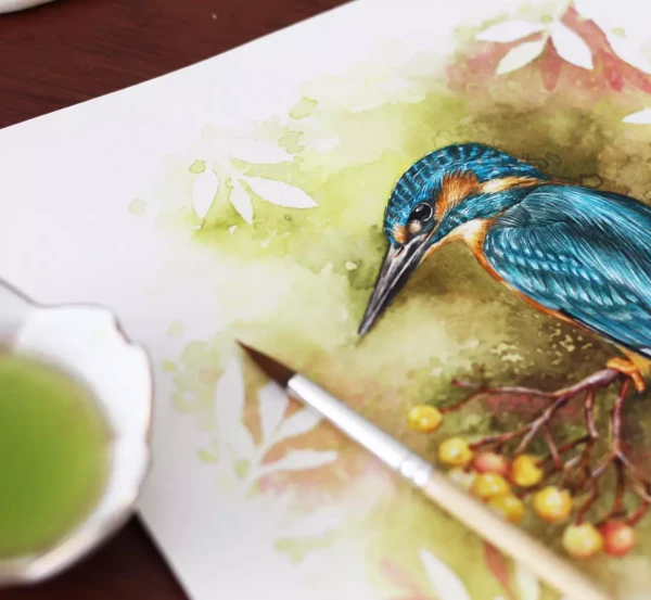 Bello kingfisher, ¿viste cómo pescan? – Aquarell von Lianzhi Artist