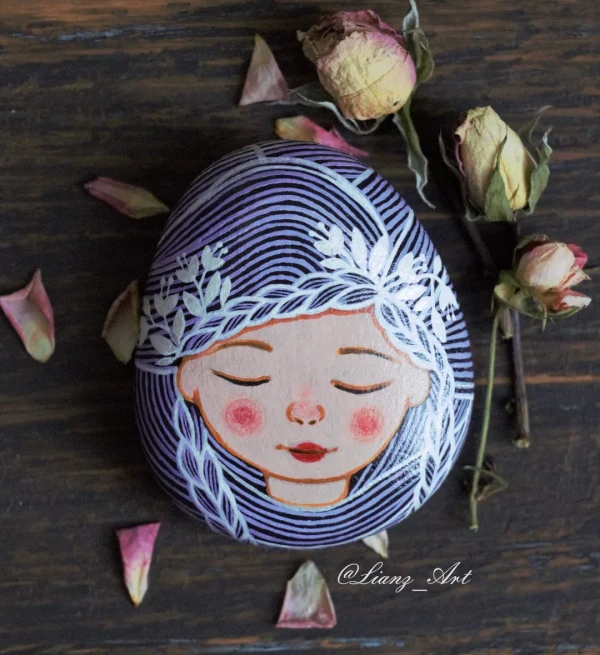 My last hand-painted stone for now, my little fairy of… – Steinmalerei / Acryl von Lianzhi Artist