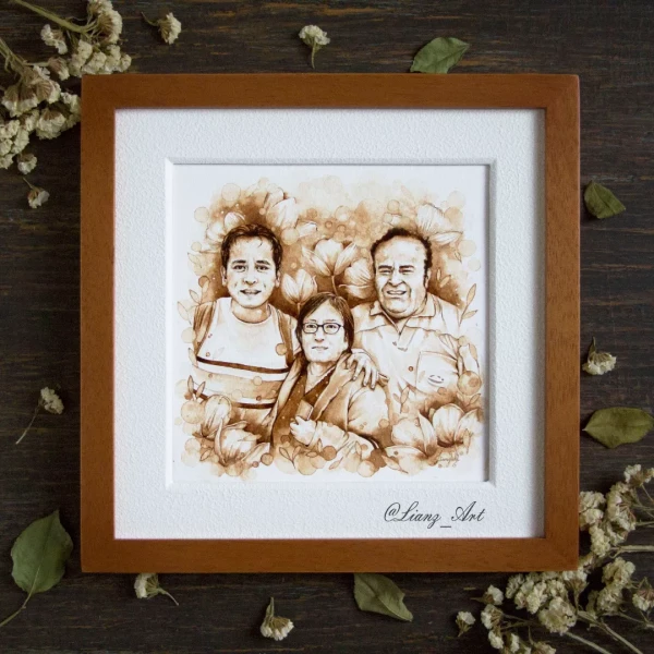Beautiful family painted in coffee..., beautiful… – Kaffeemalerei / Aquarell von Lianzhi Artist