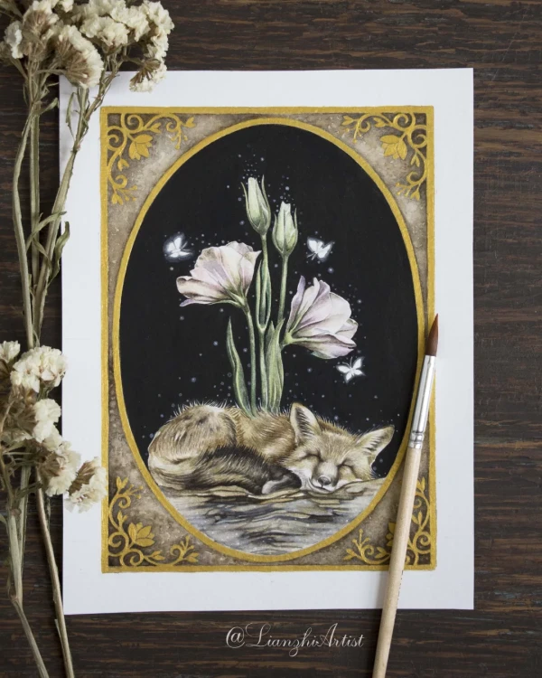 Little fox restin – Aquarell von Lianzhi Artist