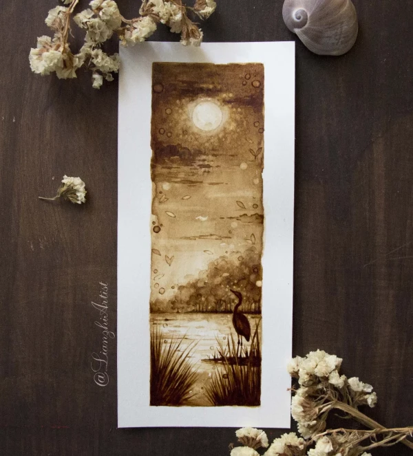 Little heron contemplating the moon – Kaffeemalerei / Aquarell von Lianzhi Artist