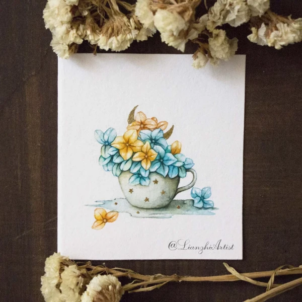Another of my little watercolors...a dreamy mug and flowers – Aquarell von Lianzhi Artist