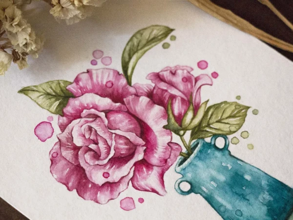 Rosen in der Vase (1) – Aquarell von Lianzhi Artist